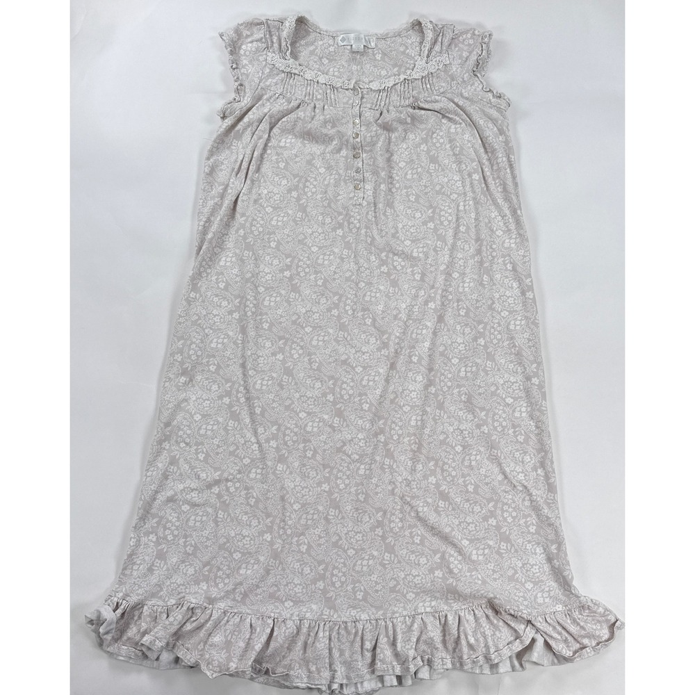 Eileen West Nightgown Small S Mauve Taupe Paisley Cotton Knit Sleeveless Chemise